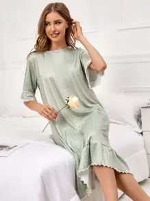 Polka Dot Print Flounce Sleeve Ruffle Hem Pajama Night Dress - Mint Green - View 5