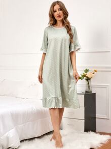 Polka Dot Print Flounce Sleeve Ruffle Hem Pajama Night Dress - Mint Green - View 6