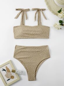 Bikini con nudo en los hombros y lunares, para vacaciones de verano en la playa - Caqui - Ver 1