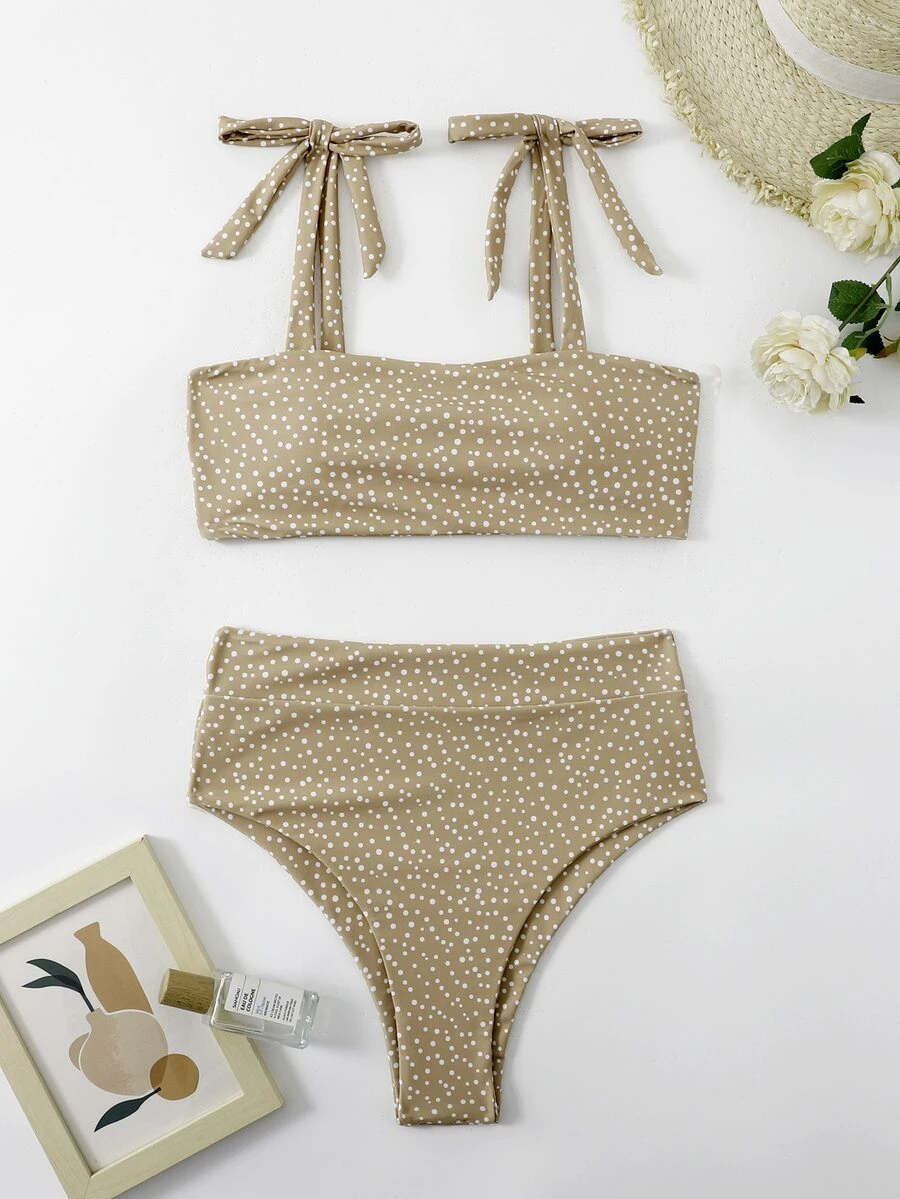 Bikini con nudo en los hombros y lunares, para vacaciones de verano en la playa - Caqui - Ver 1