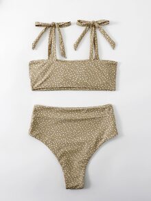 Bikini con nudo en los hombros y lunares, para vacaciones de verano en la playa - Caqui - Ver 2