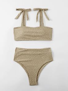 Bikini con nudo en los hombros y lunares, para vacaciones de verano en la playa - Caqui - Ver 3