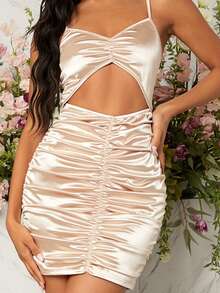 Cut Out Ruched Bodycon Cami Satin Dress - Champagne - View 7