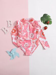 Bebé Bañador una pieza con estampado floral ribete con fruncido con cremallera media - Multicolor - Ver 1
