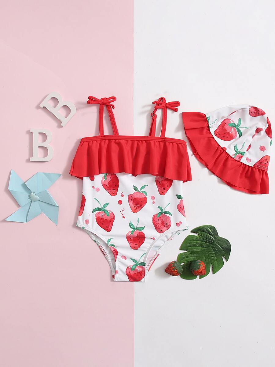 SHEIN Baby Girl Strawberry Print Ruffle Trim One Piece Swimsuit & Swim Cap - Red - View 1