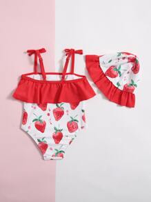SHEIN Baby Girl Strawberry Print Ruffle Trim One Piece Swimsuit & Swim Cap - Red - View 2