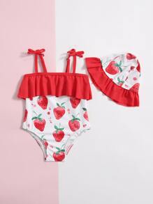 SHEIN Baby Girl Strawberry Print Ruffle Trim One Piece Swimsuit & Swim Cap - Red - View 3