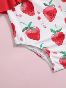 SHEIN Baby Girl Strawberry Print Ruffle Trim One Piece Swimsuit & Swim Cap - Red - View 4