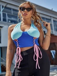 SHEIN Essnce Two Tone Lace Up Tie Hem Halter Top - Multicolor - View 3