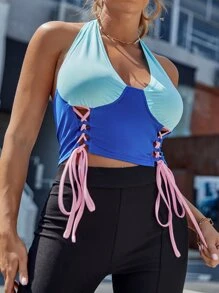 SHEIN Essnce Two Tone Lace Up Tie Hem Halter Top - Multicolor - View 5