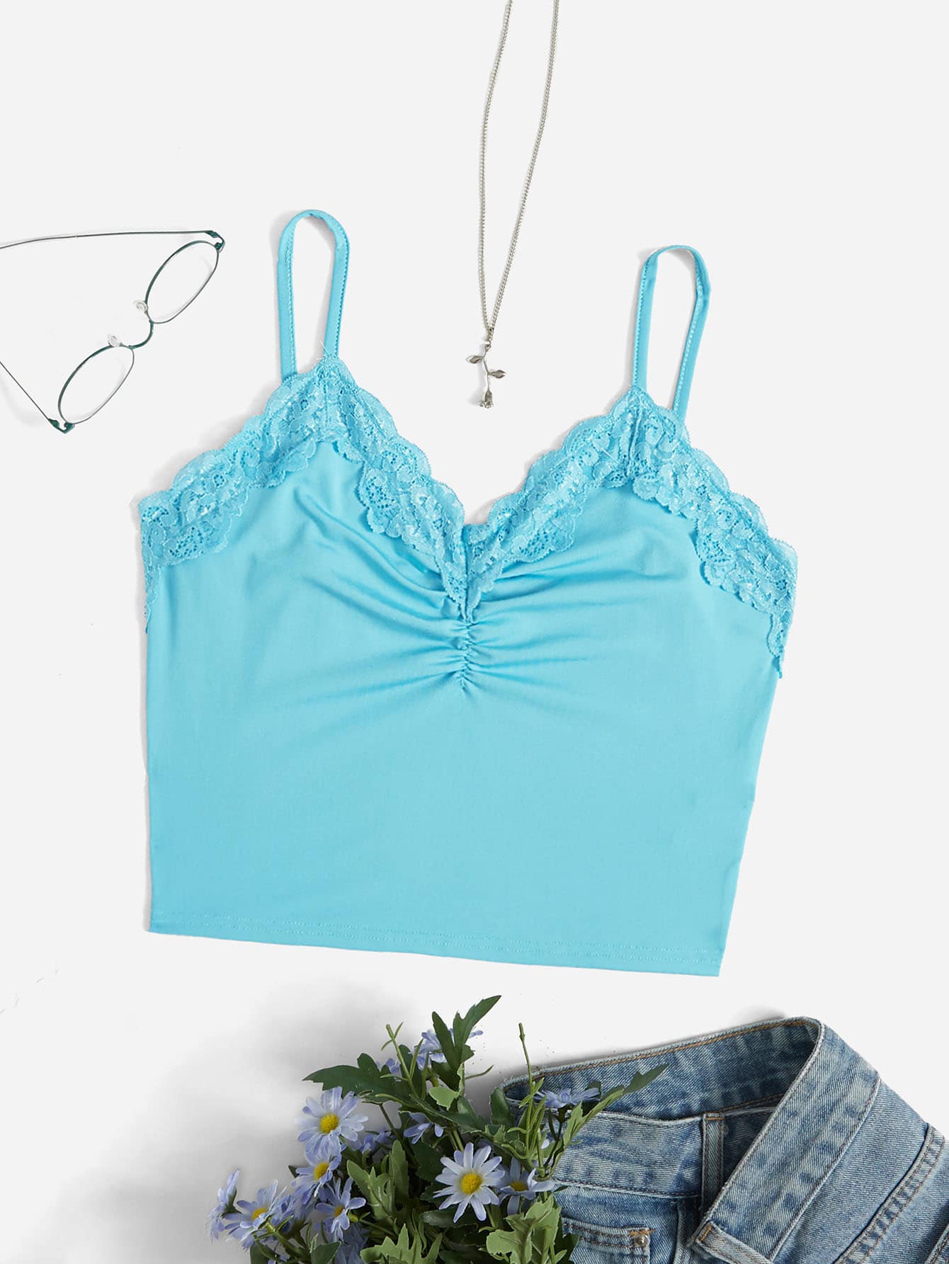 SHEIN EZwear Contrast Lace Ruched Cami Top - Blue - View 1