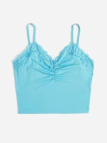 SHEIN EZwear Contrast Lace Ruched Cami Top - Blue - View 4
