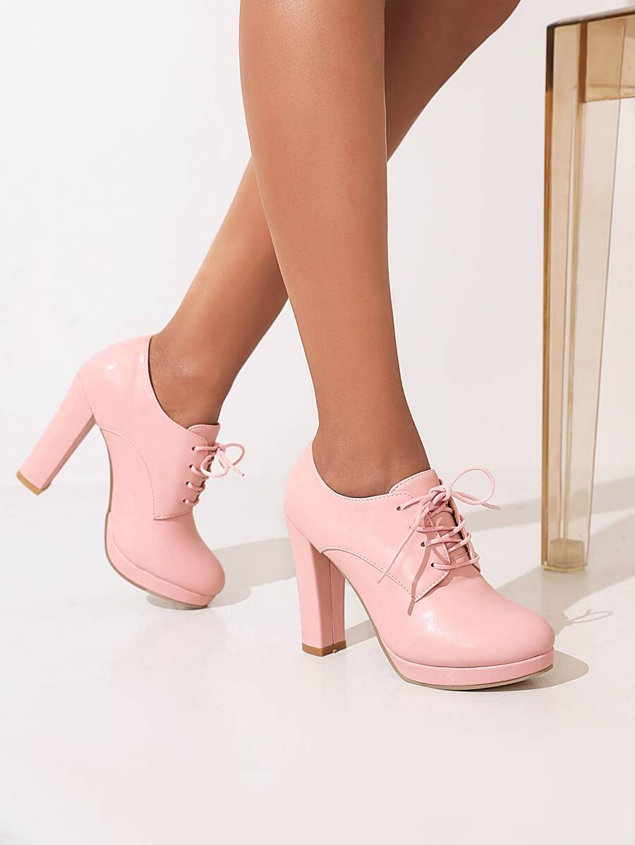 Lace-up Front Chunky Heeled Oxford Shoes - Pink - View 1