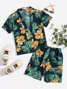 SHEIN Tween Boy Tropical Print Shirt And Shorts Set, Suitable For Vacation - Multicolor - View 1
