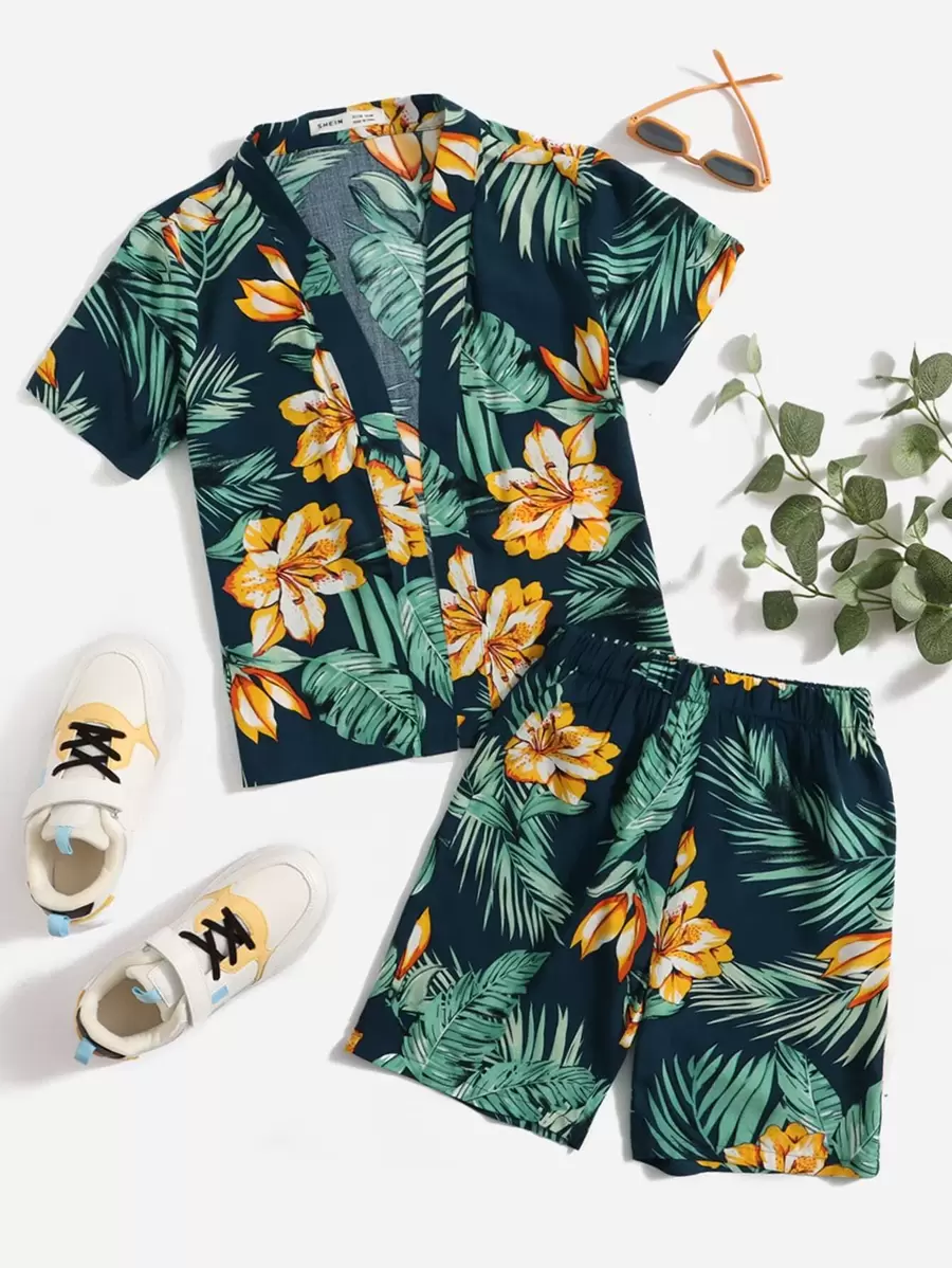 SHEIN Tween Boy Tropical Print Shirt And Shorts Set, Suitable For Vacation - Multicolor - View 1