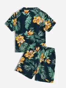 SHEIN Tween Boy Tropical Print Shirt And Shorts Set, Suitable For Vacation - Multicolor - View 2