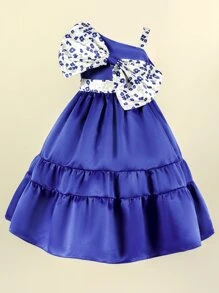 Girls Floral Print Bow Asymmetrical Neck Ruffle Hem Satin Gown Dress - Royal Blue - View 1