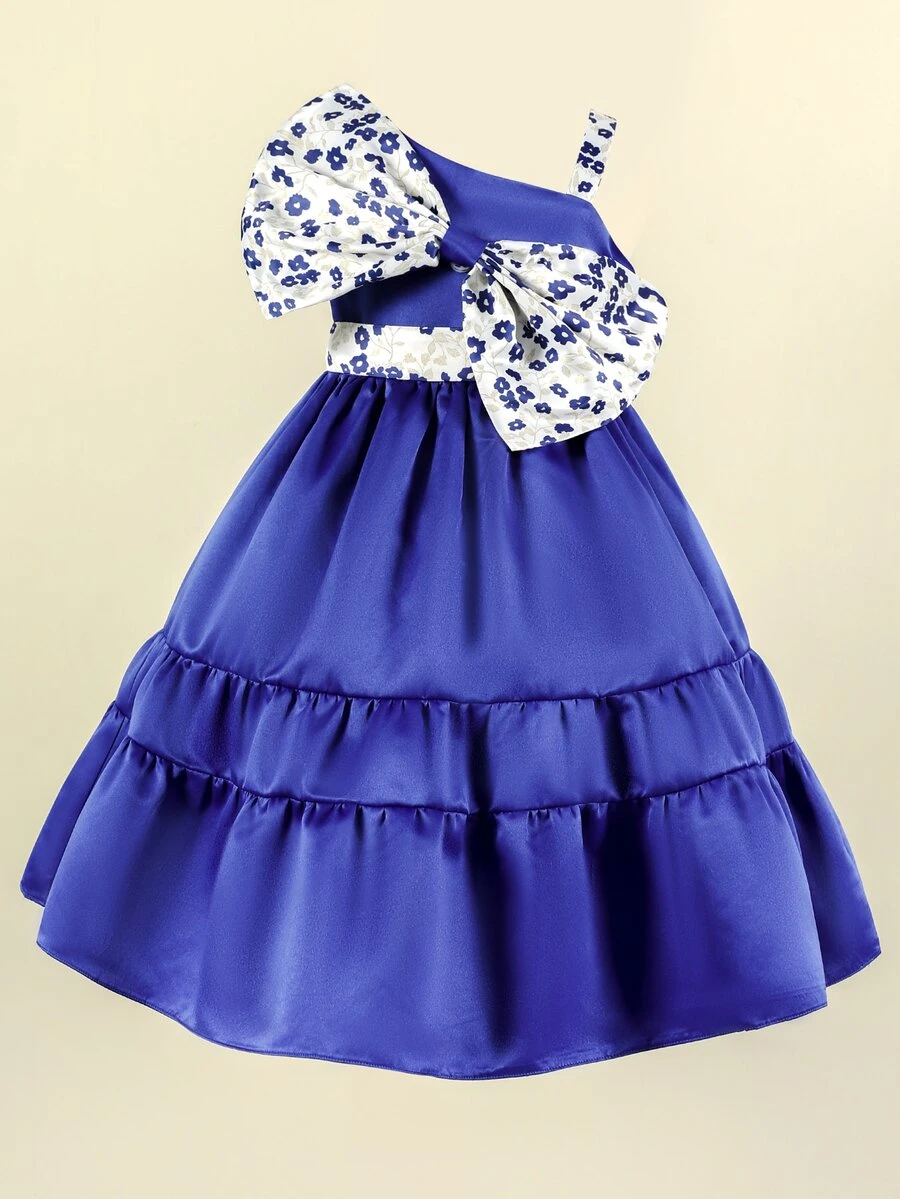 Girls Floral Print Bow Asymmetrical Neck Ruffle Hem Satin Gown Dress - Royal Blue - View 1