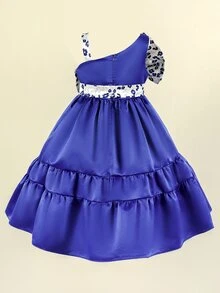 Girls Floral Print Bow Asymmetrical Neck Ruffle Hem Satin Gown Dress - Royal Blue - View 2