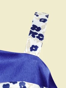 Girls Floral Print Bow Asymmetrical Neck Ruffle Hem Satin Gown Dress - Royal Blue - View 4