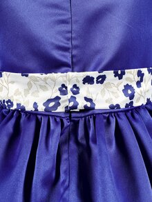 Girls Floral Print Bow Asymmetrical Neck Ruffle Hem Satin Gown Dress - Royal Blue - View 5