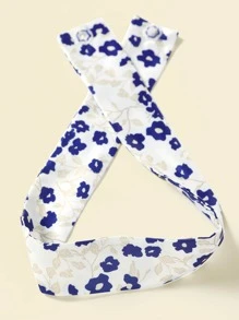 Girls Floral Print Bow Asymmetrical Neck Ruffle Hem Satin Gown Dress - Royal Blue - View 7