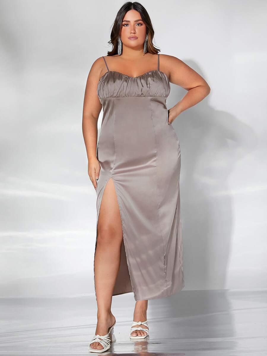 SHEIN Belle Plus Ruched Bust Split Thigh Satin Bridesmaid Dress - Dusty Purple - View 1