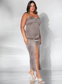 SHEIN Belle Plus Ruched Bust Split Thigh Satin Bridesmaid Dress - Dusty Purple - View 3