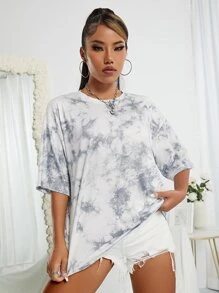 INAWLY Tie Dye Drop Shoulder Tricou supradimensionat Tricouri grafice Femei Topuri