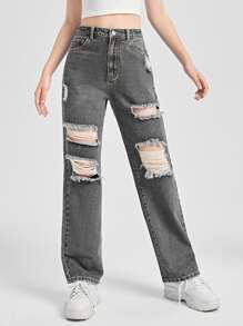 SHEIN Chicas adolescentes Jeans de pierna recta de talle alto desgarro - Gris - Ver 1