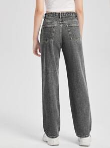 SHEIN Chicas adolescentes Jeans de pierna recta de talle alto desgarro - Gris - Ver 2