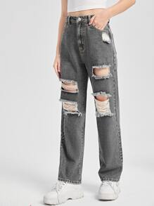 SHEIN Chicas adolescentes Jeans de pierna recta de talle alto desgarro - Gris - Ver 3