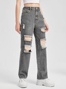 SHEIN Chicas adolescentes Jeans de pierna recta de talle alto desgarro - Gris - Ver 4