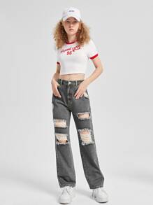 SHEIN Chicas adolescentes Jeans de pierna recta de talle alto desgarro - Gris - Ver 5
