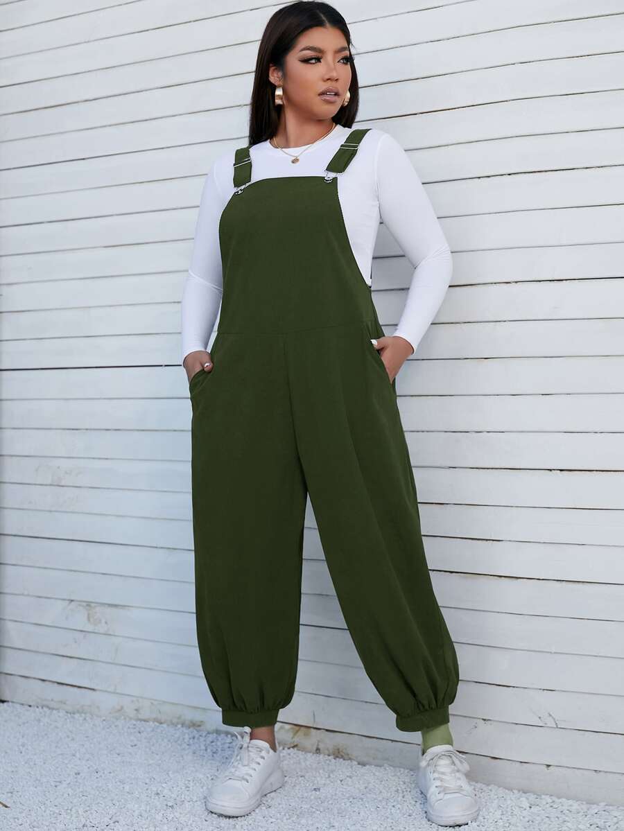 SHEIN EZwear Plus Slant Pocket Overalls Without Tee - Army Green - View 1