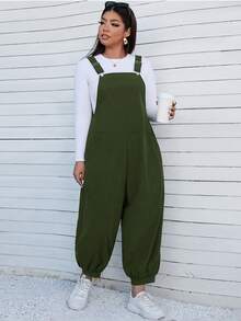 SHEIN EZwear Plus Slant Pocket Overalls Without Tee - Army Green - View 3