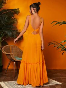 SHEIN VCAY Cut Out Frill Trim Maxi Cami Dress - Orange - View 2