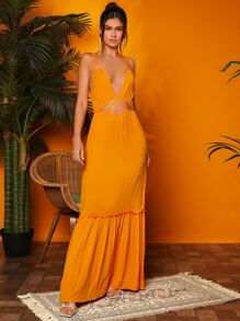 SHEIN VCAY Cut Out Frill Trim Maxi Cami Dress - Orange - View 6