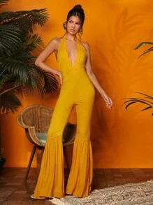 SHEIN VCAY Áo liền quần nữ Lộ Lưng Viên lá sen Buộc lại Dây kéo màu trơn Gợi cảm - Màu Mù tạt vàng - Xem 3