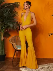 SHEIN VCAY Áo liền quần nữ Lộ Lưng Viên lá sen Buộc lại Dây kéo màu trơn Gợi cảm - Màu Mù tạt vàng - Xem 4