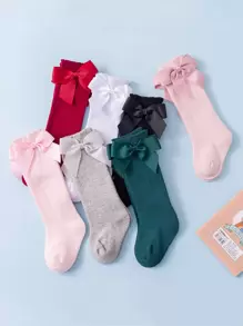 Calcetines con lazo a media pantorrilla estilo princesa adorables para niñas y bebés en colores sólidos rojos, verdes, negros, blancos y grises con material cómodo - Negro - Ver 1