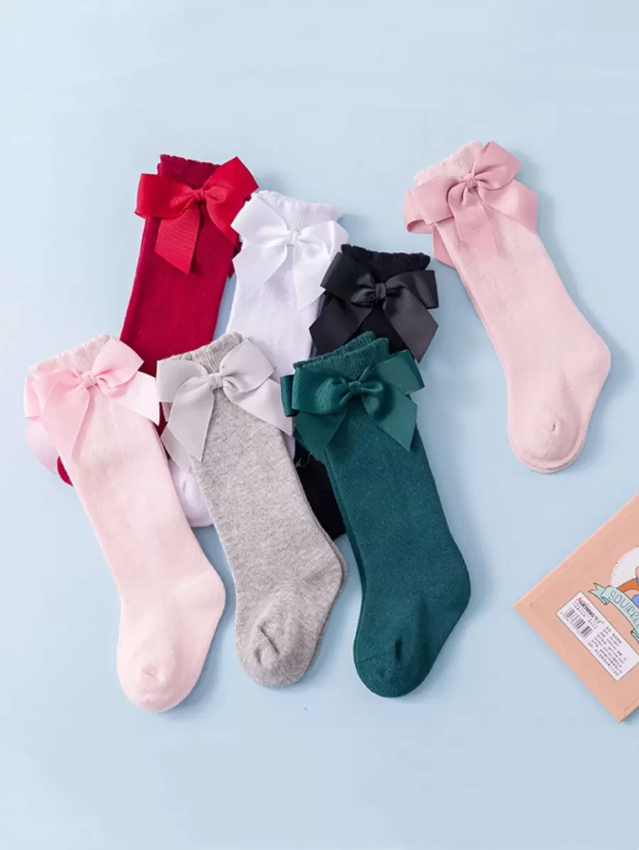 Calcetines con lazo a media pantorrilla estilo princesa adorables para niñas y bebés en colores sólidos rojos, verdes, negros, blancos y grises con material cómodo - Negro - Ver 1