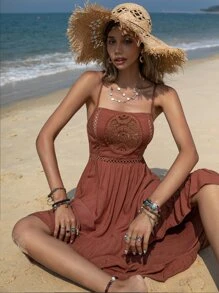 Rusttydustty Lace Insert Asymmetrical Ruffle Hem Slip Dress - Rust Brown - View 1