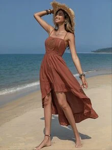 Rusttydustty Lace Insert Asymmetrical Ruffle Hem Slip Dress - Rust Brown - View 3