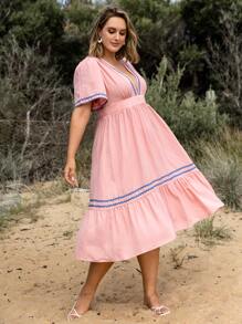 SHEIN Unity Plus Contrast Tape Plunge Neck Ruffle Hem Dress - Baby Pink - View 2