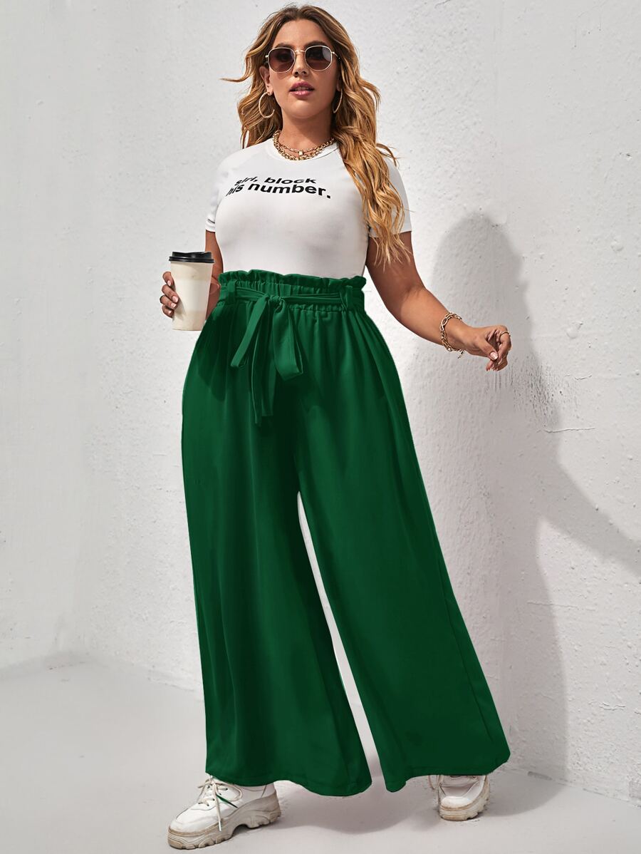 Calvaya Plus Paperbag Waist Tie Front Wide Leg Trousers - Green - View 1