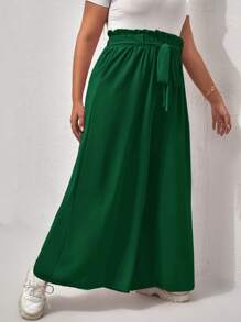 Calvaya Plus Paperbag Waist Tie Front Wide Leg Trousers - Green - View 3