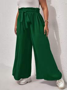 Calvaya Plus Paperbag Waist Tie Front Wide Leg Trousers - Green - View 4