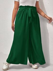 Calvaya Plus Paperbag Waist Tie Front Wide Leg Trousers - Green - View 5