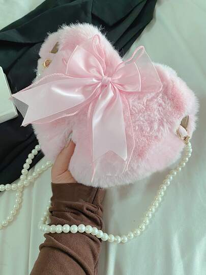 Mini decor cu fundă perle artificiale cu mărgele pufoase în formă de inimă geantă noutate, geantă de blană nou sosire, geantă la modă cu fundă pentru femei